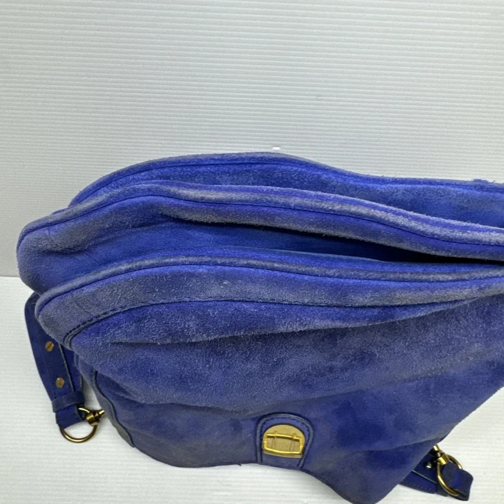 VTG J. Crew Blue Suede Leather Push Lock Triple Compartment Hobo Shoulder Bag